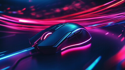 未来的なRGBゲーミングマウスと流れるネオンライトの軌跡
