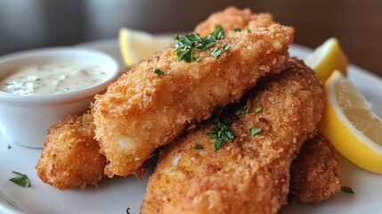 Delicious fried fish with tartar sauce and lemon wedges