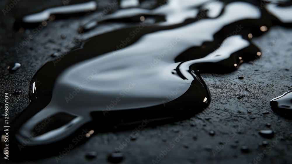 Poster Close-up of black liquid slowly spilling over a dark surface, creating a dramatic visual contrast with glossy texture
