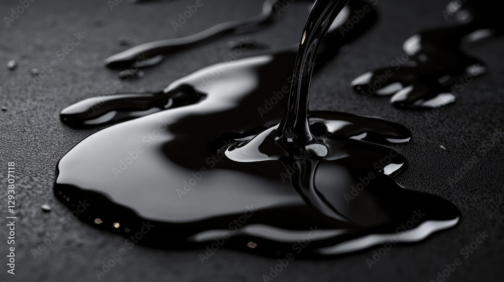 Poster close-up of black liquid slowly spilling over a dark surface, creating a dramatic visual contrast wi