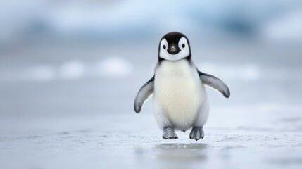 Naklejka premium Cute Emperor Penguin Chick Walking on Ice in Arctic Environment