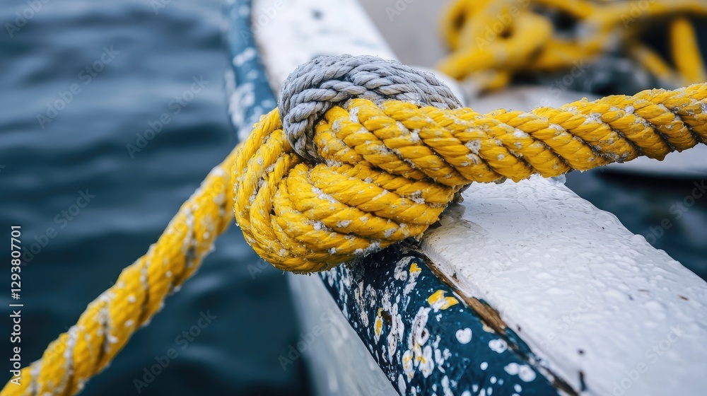 Poster close-up shot of a yellow and gray rope securely tied to a boat, with the knot and textures highligh