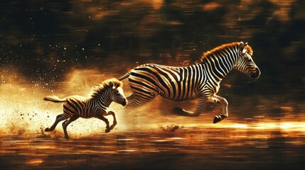 Zebras Running Through Dusty Landscape at Sunset in Bold Motion