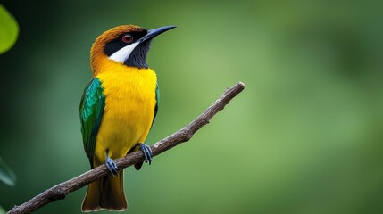 Fototapeta premium Colorful Bird Perched on Branch with Blurred Green Background