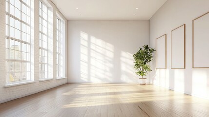 Fototapeta premium Bright and Airy Minimalist Interior Space with Large Windows and Plant