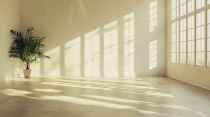Bright and Serene Empty Room with Sunlight and Potted Plant