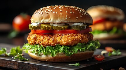 Visually enticing professional studio photography showcasing a crispy chicken burger perfectly arranged with iceberg lettuce, fresh tomato slices, crunchy pickles,