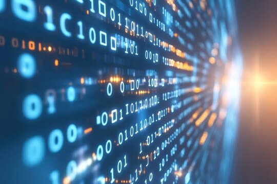 Binary code flows across a digital screen