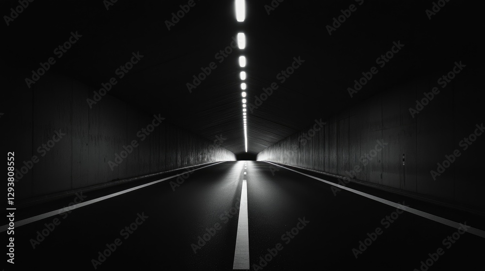 Poster dark tunnel stretching into the unknown, emphasizing a deep, receding perspective under low lighting