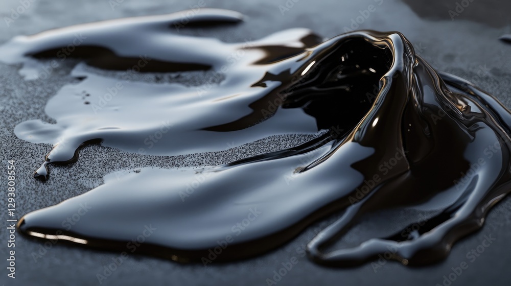 Poster dark, mysterious spill of black liquid over a smooth black surface, creating dynamic shapes and refl