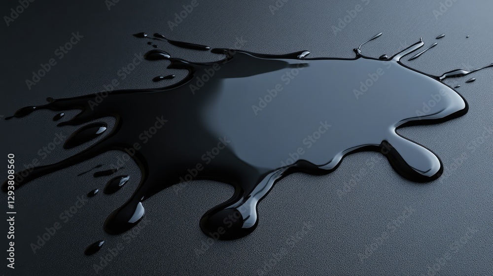 Poster dark, mysterious spill of black liquid over a smooth black surface, creating dynamic shapes and refl
