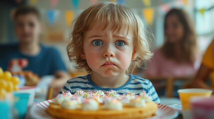 A child at a birthday party looking sad while others eat cake, due to a food