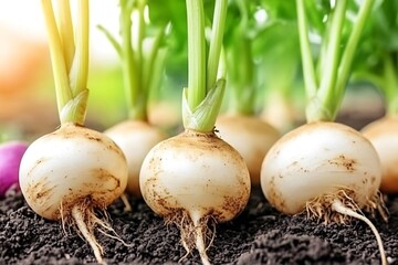 Garden-fresh white turnips growing in soil