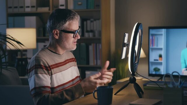 Youtuber recording a video content using his smartphone