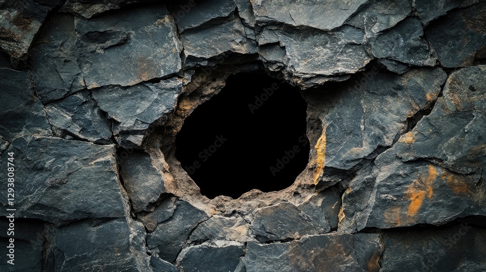 Poster Dark, weathered stone background with deep cracks and a central hole, creating an ancient, raw texture