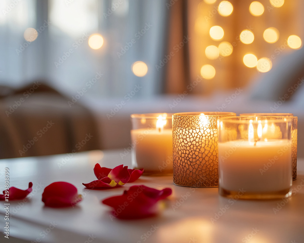 Poster a peaceful and cozy scene with lit candles and rose petals, creating a calming atmosphere with warm 