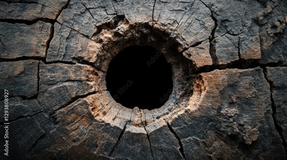 Poster Dark, weathered stone background with deep cracks and a central hole, creating an ancient, raw texture