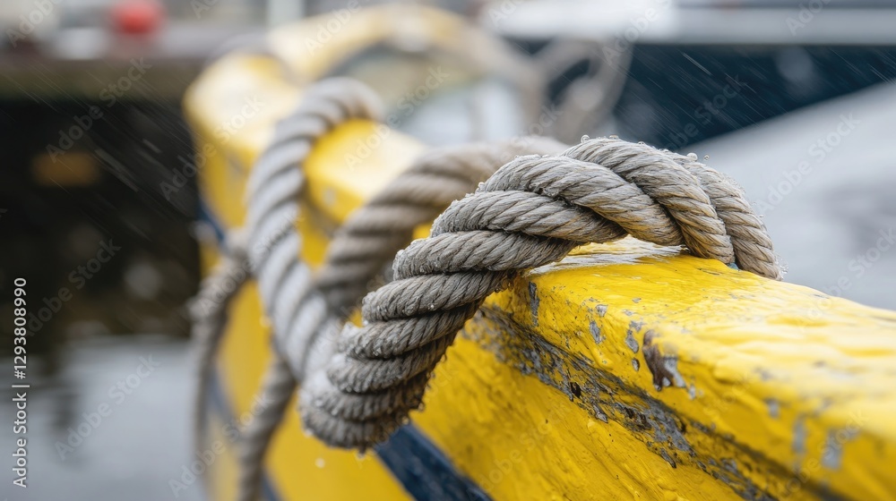 Poster detailed shot of a yellow and gray rope securing a boat to the dock, emphasizing the rope texture an