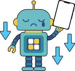 かわいいロボットのキャラクター　スマホと下向き矢印