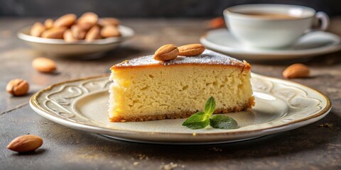 Slice of almond cake on a plate in a luxurious setting, gourmet, food styling,  gourmet