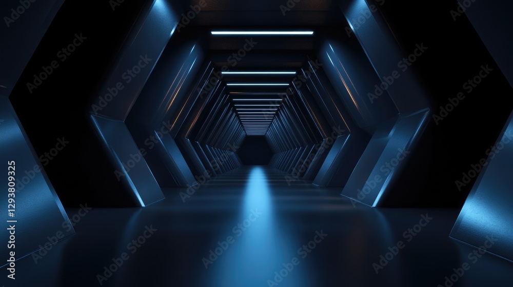 Poster Eerie dark tunnel with vanishing perspective, creating a feeling of isolation and depth with dim lighting