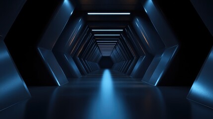 Fototapeta premium Eerie dark tunnel with vanishing perspective, creating a feeling of isolation and depth with dim lighting