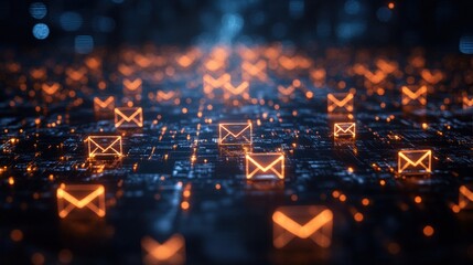 History of Emails Visualized as Interconnected Envelopes Across a Digital Landscape. Generative AI