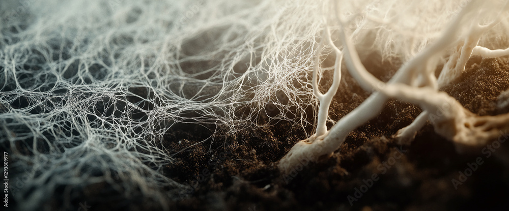 Poster close-up of intricate white fibrous roots and networks emerging from soil, symbolizing growth, inter