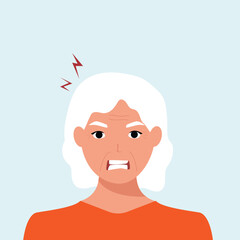 Angry frustrated senior woman screaming. Irritation, mad expression, frustration and negative emotion vector graphic illustration.