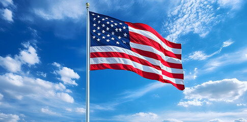 Fototapeta premium Close-up of the American flag under a clear blue sky