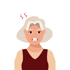 Angry frustrated senior woman screaming. Irritation, mad expression, frustration and negative emotion vector graphic illustration.