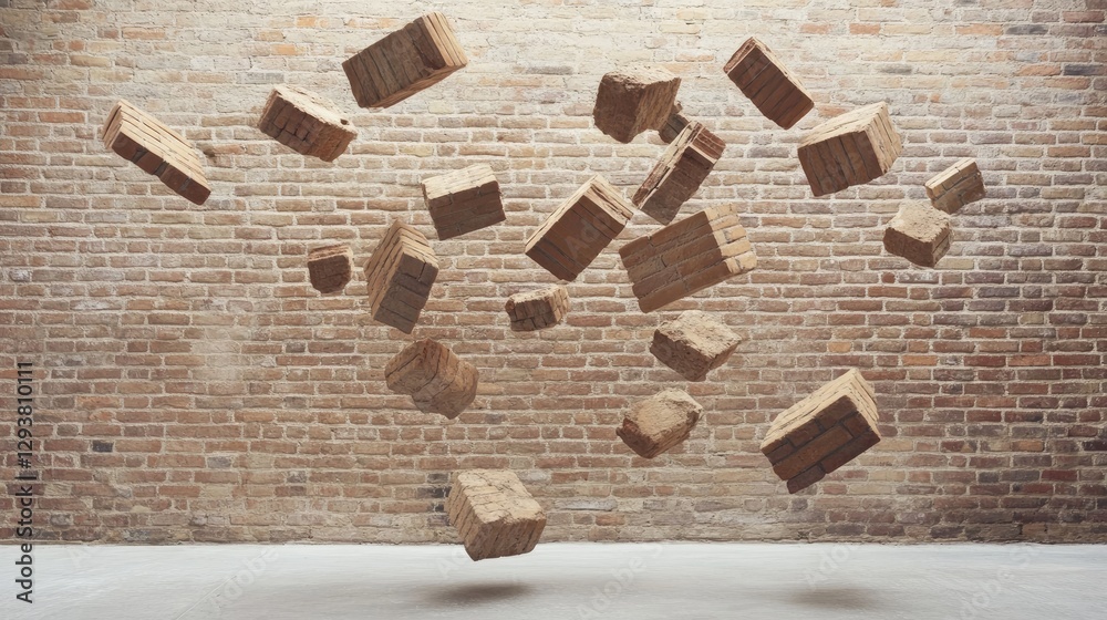 Poster Floating bricks in mid-air against a rustic brick wall, creating an illusion of motion and dimensionality in a modern architectural setting