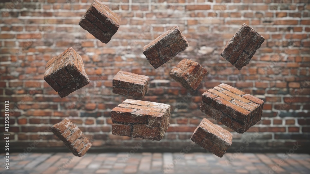 Poster Floating bricks set against a rustic brick wall background, emphasizing motion and three-dimensionality, perfect for architectural and design visuals
