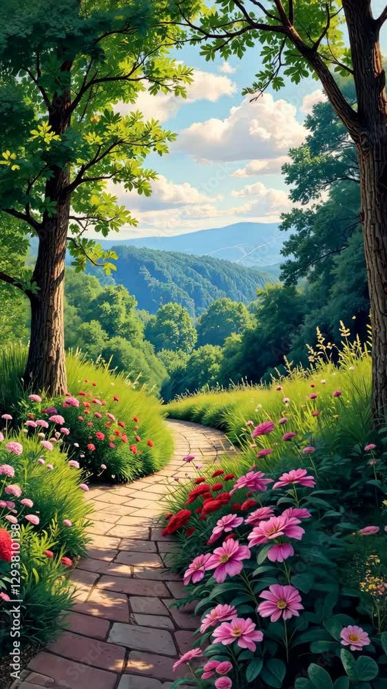 Poster A path through a field of flowers. The flowers are red and pink. The path is lined with trees
