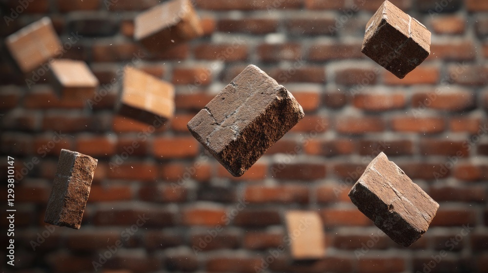 Aufkleber Floating bricks set against a rustic brick wall background, emphasizing motion and three-dimensionality, perfect for architectural and design visuals