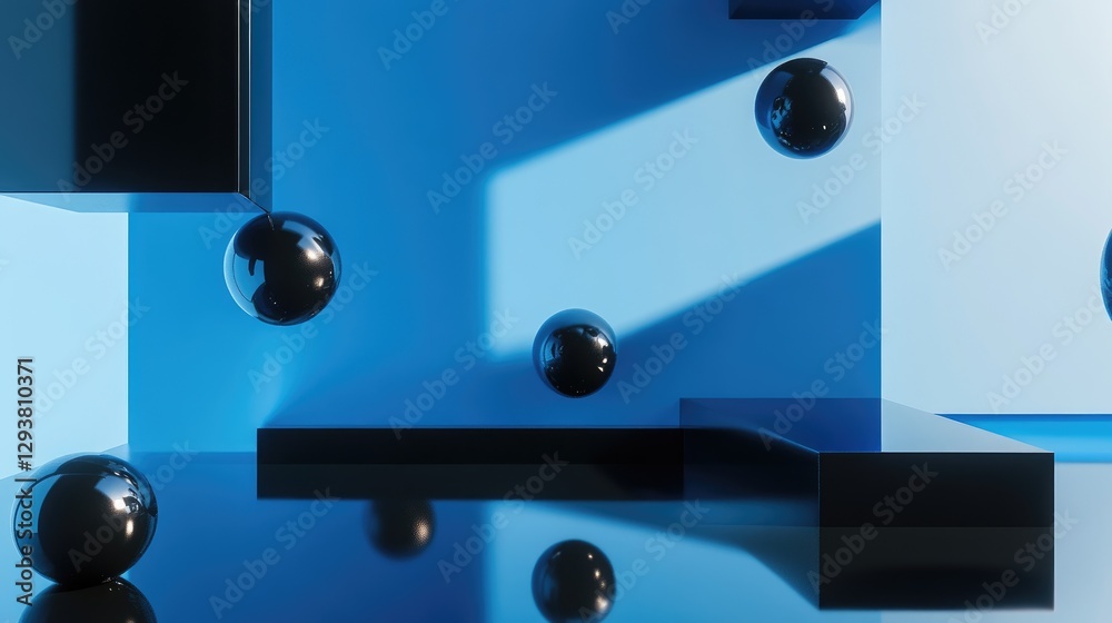 Poster Floating spheres and abstract geometric shapes in a minimalist blue and black composition, with reflective surfaces and soft shadows enhancing the visual impact