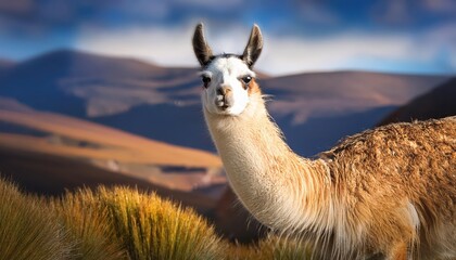 Striking Highland Llama Portrait, Set Against the Backdrop of an Arid Andean Landscape, Showcasing Majestic Elegance and the Rugged Beauty of its Native Terrain, Captured in Vibrant Detail.