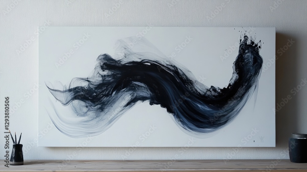 Poster Fluid dark swirl of ink or paint on a white canvas, creating a striking and modern abstract art piece