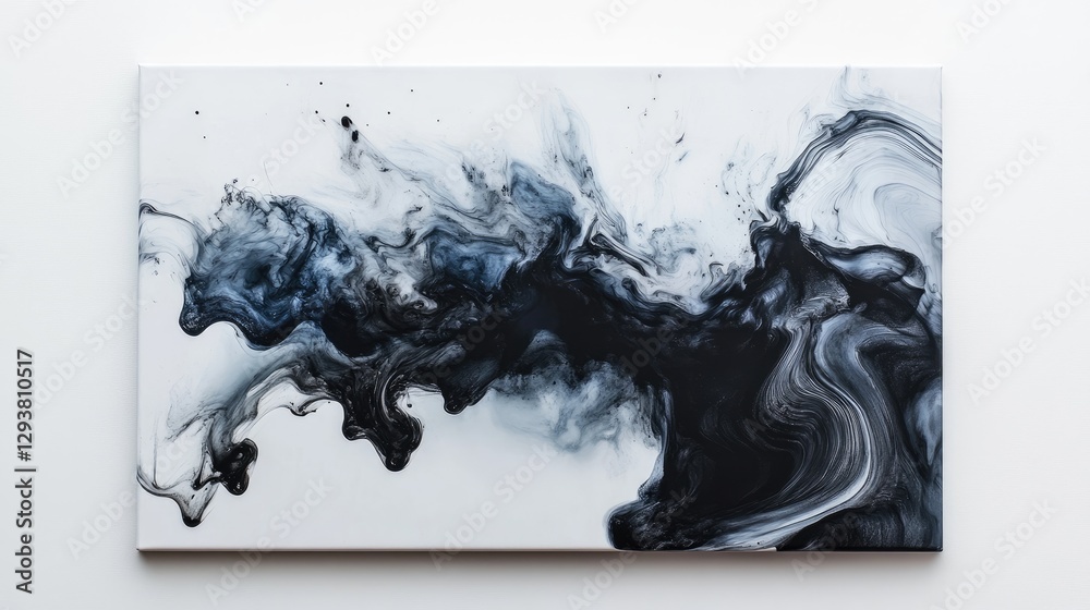 Poster Fluid dark swirl of ink or paint on a white canvas, creating a striking and modern abstract art piece