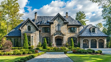 Fototapeta premium Stunning Luxury Stone Home Surrounded by Lush Green Landscape