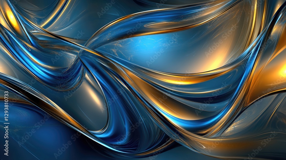 Poster futuristic abstract digital scene with rich blue and gold tones, creating a stunning visual represen