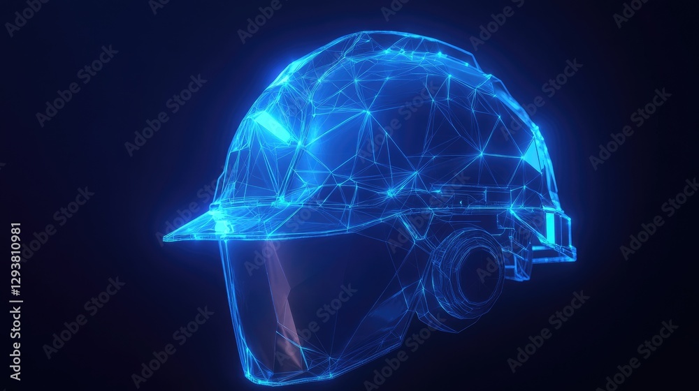 Poster futuristic low-poly construction helmet glowing with blue light, representing work safety in a moder