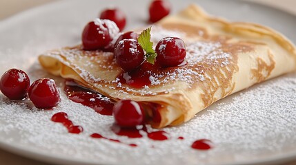 Artistic culinary photography of gourmet crepe folded around a glistening cherry compote, cascading vanilla sauce patterns, delicate powdered sugar dusting, marble surface backdrop,