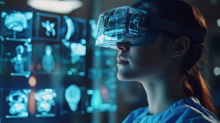Female scientist wearing a vr headset is analyzing medical data displayed on a futuristic screen, immersed in a technological and innovative environment