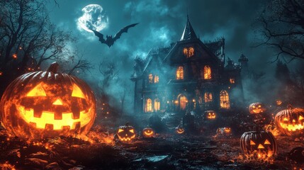 Halloween 3D background Concept: evil pumpkins and haunted house. Spooky scary Dark Night forest. Perfect for October holiday event, festive banner, computer desktop, marketing advertising. copy space