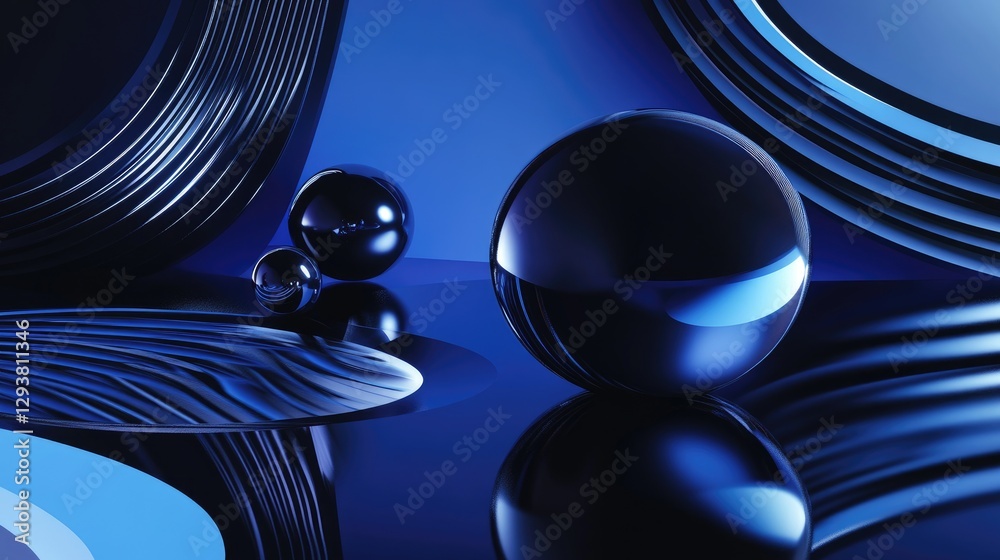 Poster Geometric shapes and floating spheres in an abstract design, set in a modern blue and black environment, with dynamic reflections and shadows creating intrigue