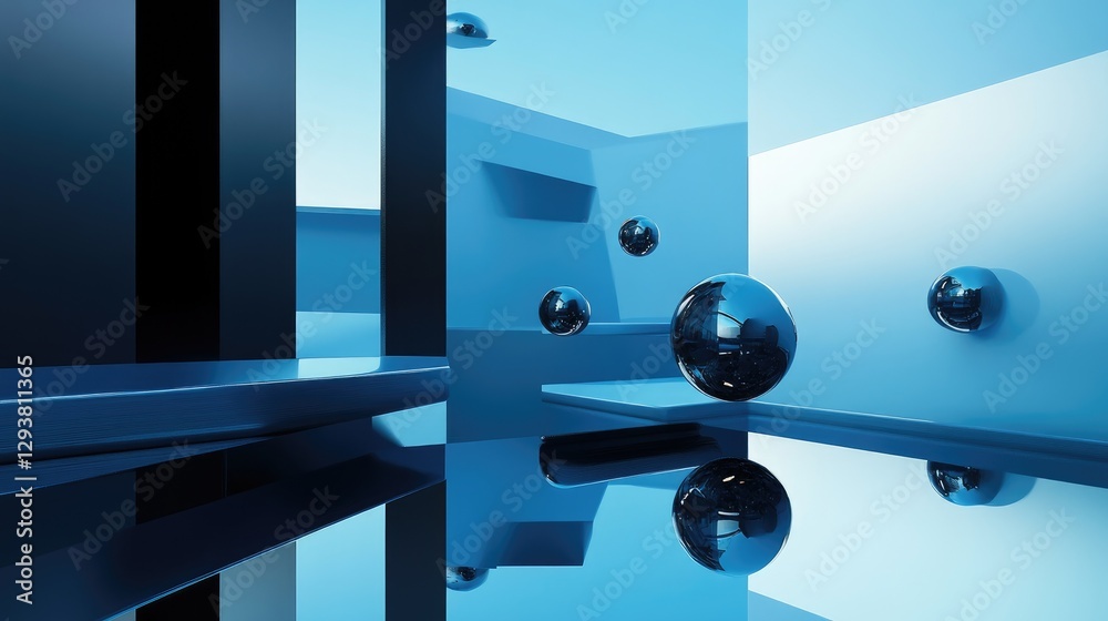 Poster Geometric shapes and floating spheres in an abstract design, set in a modern blue and black environment, with dynamic reflections and shadows creating intrigue