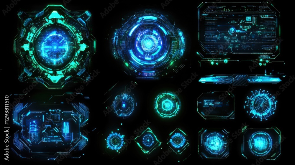 Poster Glowing blue and neon green HUD interface elements with futuristic symbols and dynamic data visualizations, representing advanced technology and digital systems
