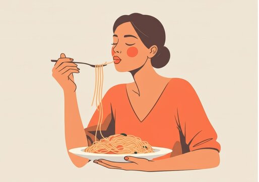 Woman enjoying a plate of spaghetti, savoring each bite with delight
