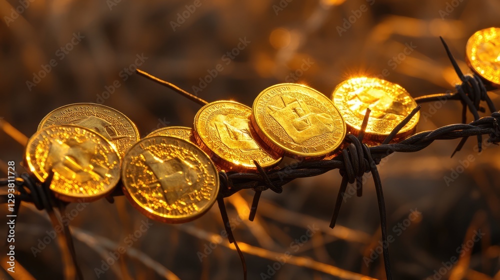 Poster golden coins rest on barbed wire, a visual metaphor for the fine line between wealth and the risks i